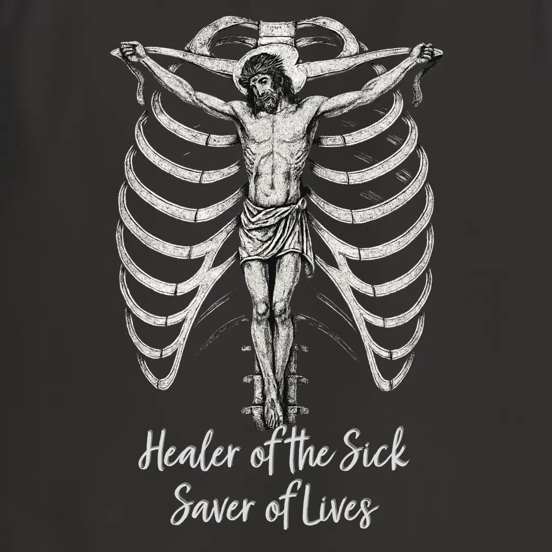 Black shirt with illustration of crucified Jesus and 'Healer of the Sick, Saver of Lives' logo on a dark background