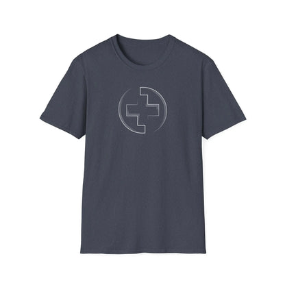 Heather Navy t-shirt with a circular logo featuring a cross on a white background
