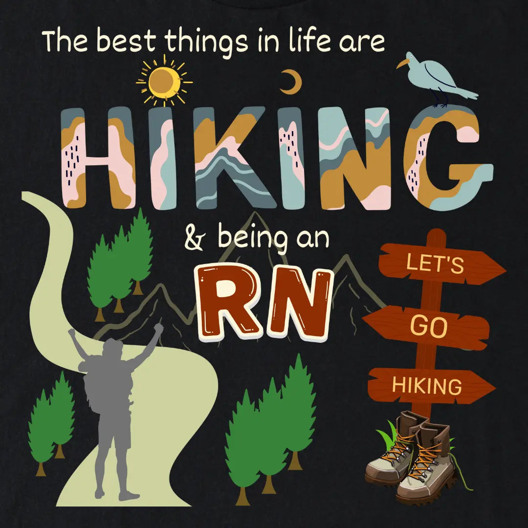 T-shirt design with hiking and RN text on a black background