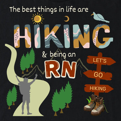 T-shirt design with hiking and RN text on a black background