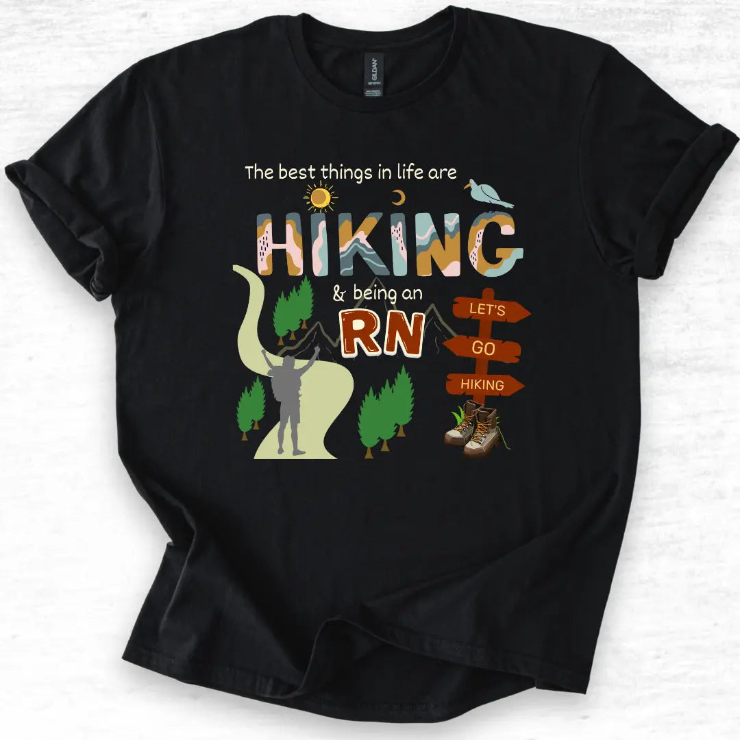 Black t-shirt with hiking and RN design on a light gray background