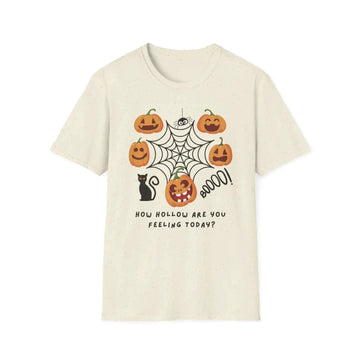 Natural color 'How Hollow Are You Feeling?' T-Shirt with Halloween pumpkins