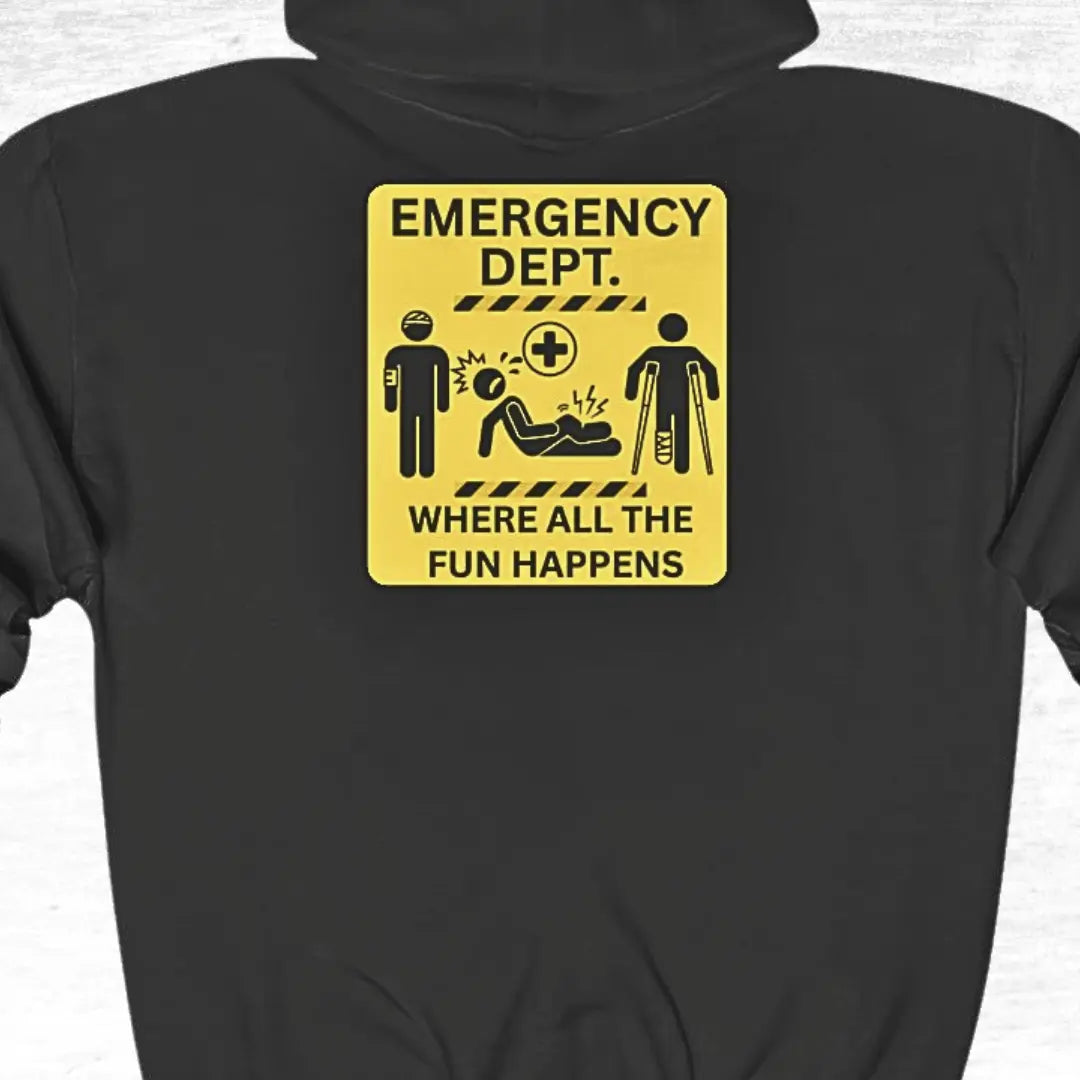 Black hoodie with funny yellow emergency department sign graphics of injured figurines on the back