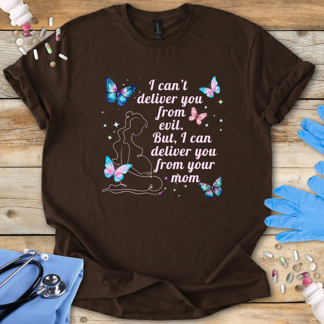 Brown t-shirt with a humorous design and text on a wooden surface with medical-themed items.