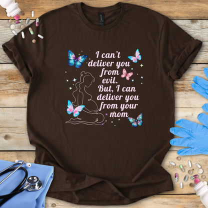 Brown t-shirt with a humorous design and text on a wooden surface with medical-themed items.