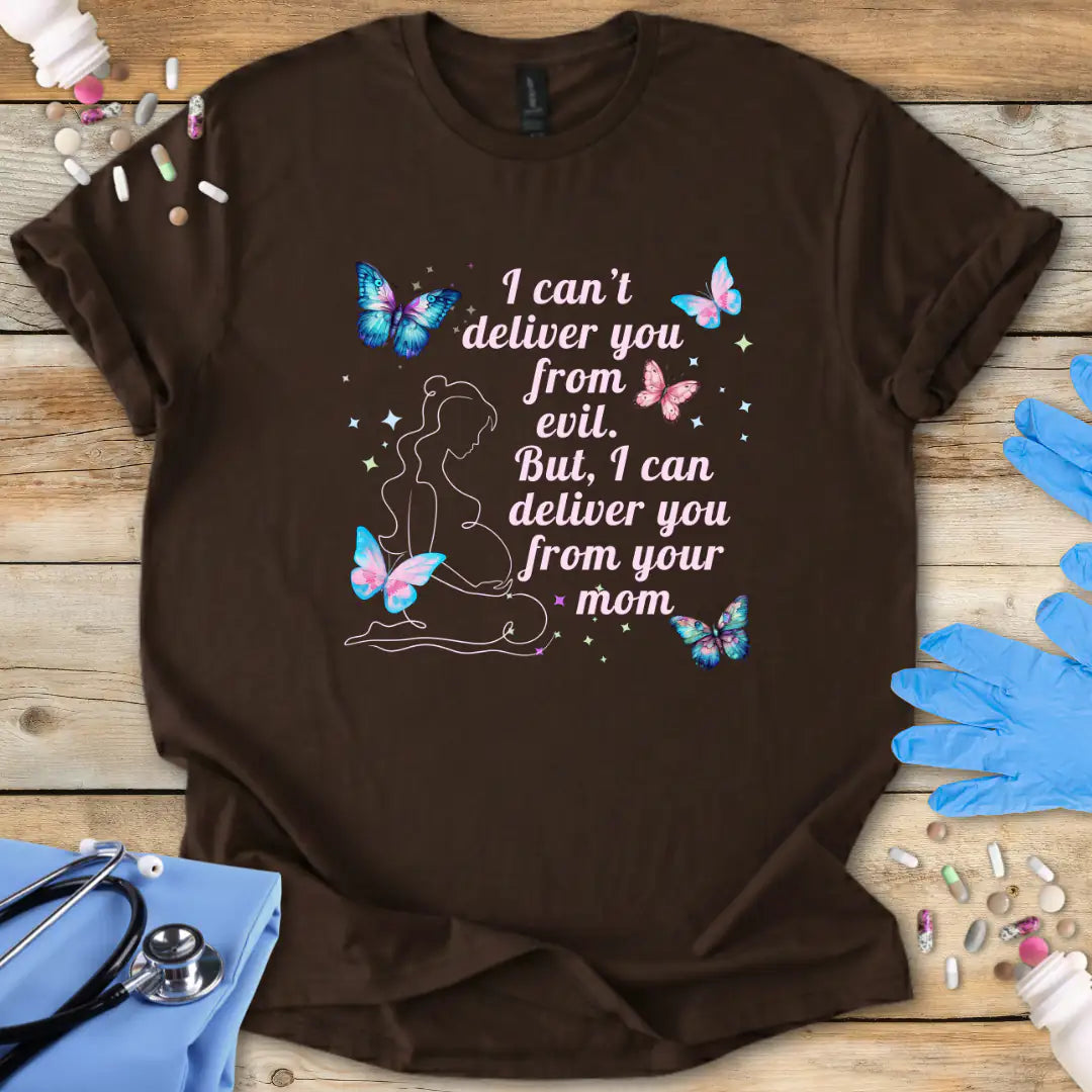Brown t-shirt with a humorous design and text on a wooden surface with medical-themed items.