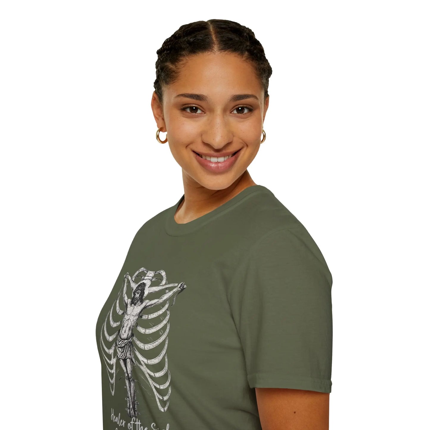 Woman wearing a military green t-shirt with human rib cage and Jesus graphic on a white background