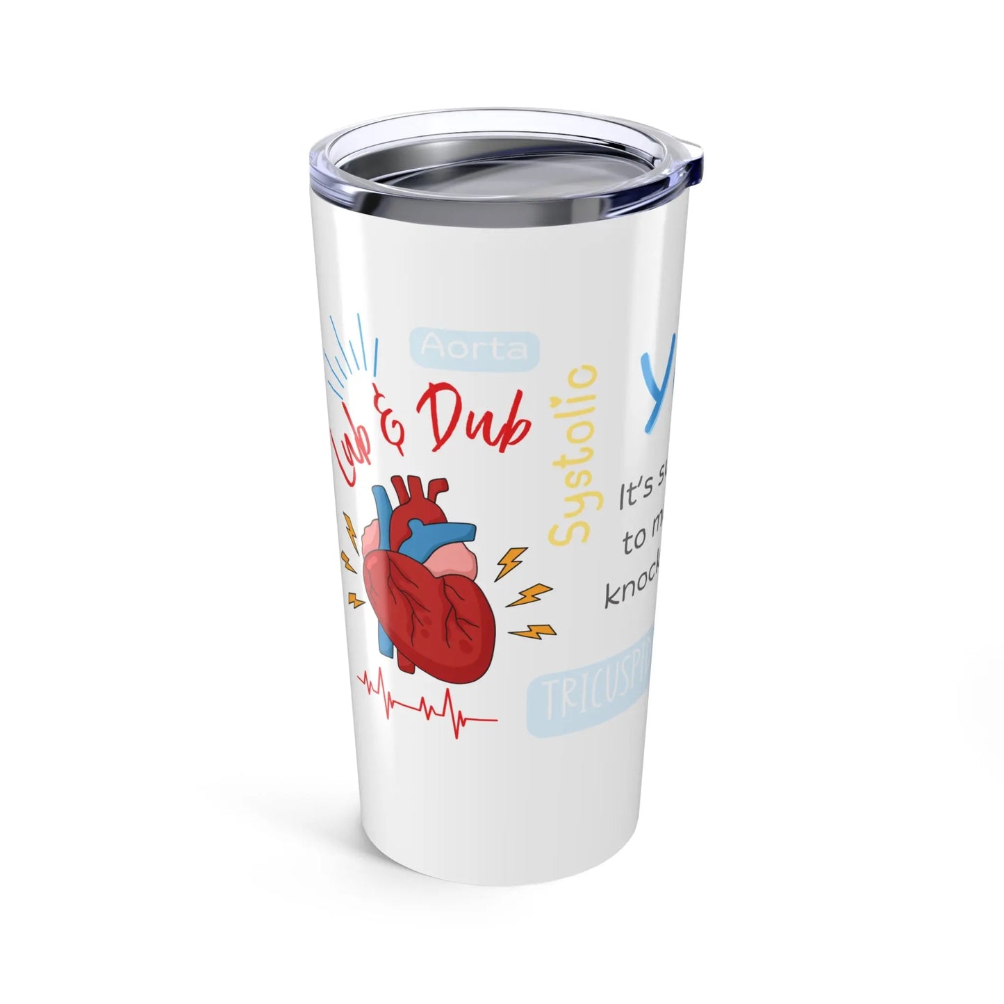 White tumbler with a heart design and text on a white background