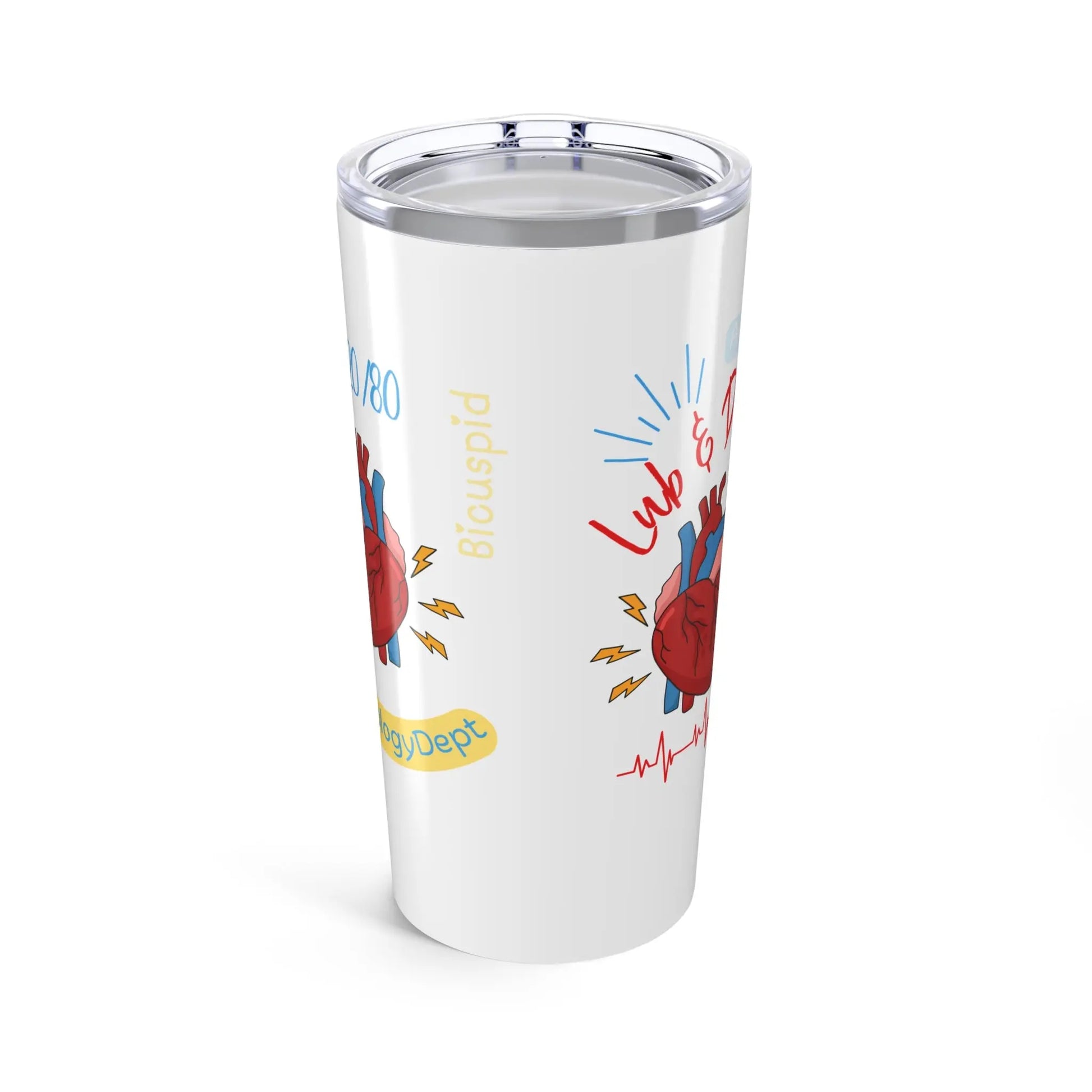 Tumbler with colorful heart design and text on a white background