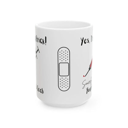15 oz white mug with band aid design on a white background