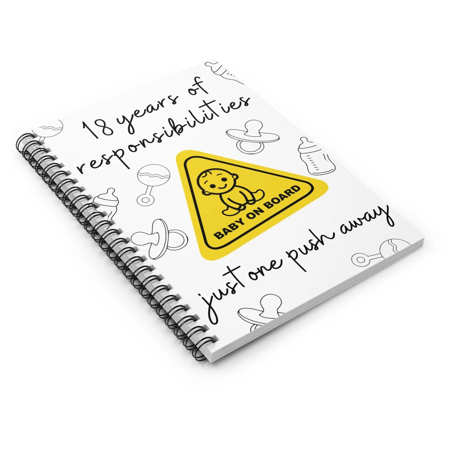 Spiral notebook with baby-themed logo on a white background