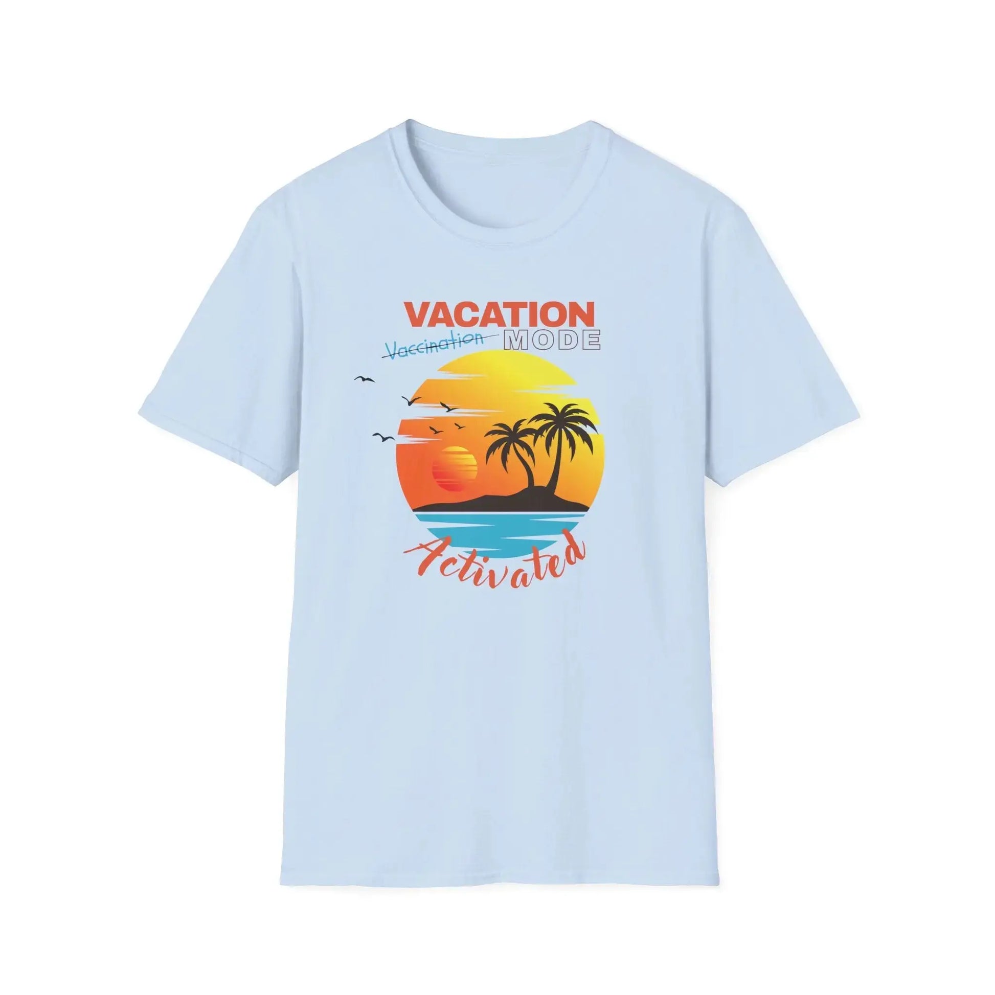 Light blue t-shirt with 'Vacation Mode Activated' graphic on a white background