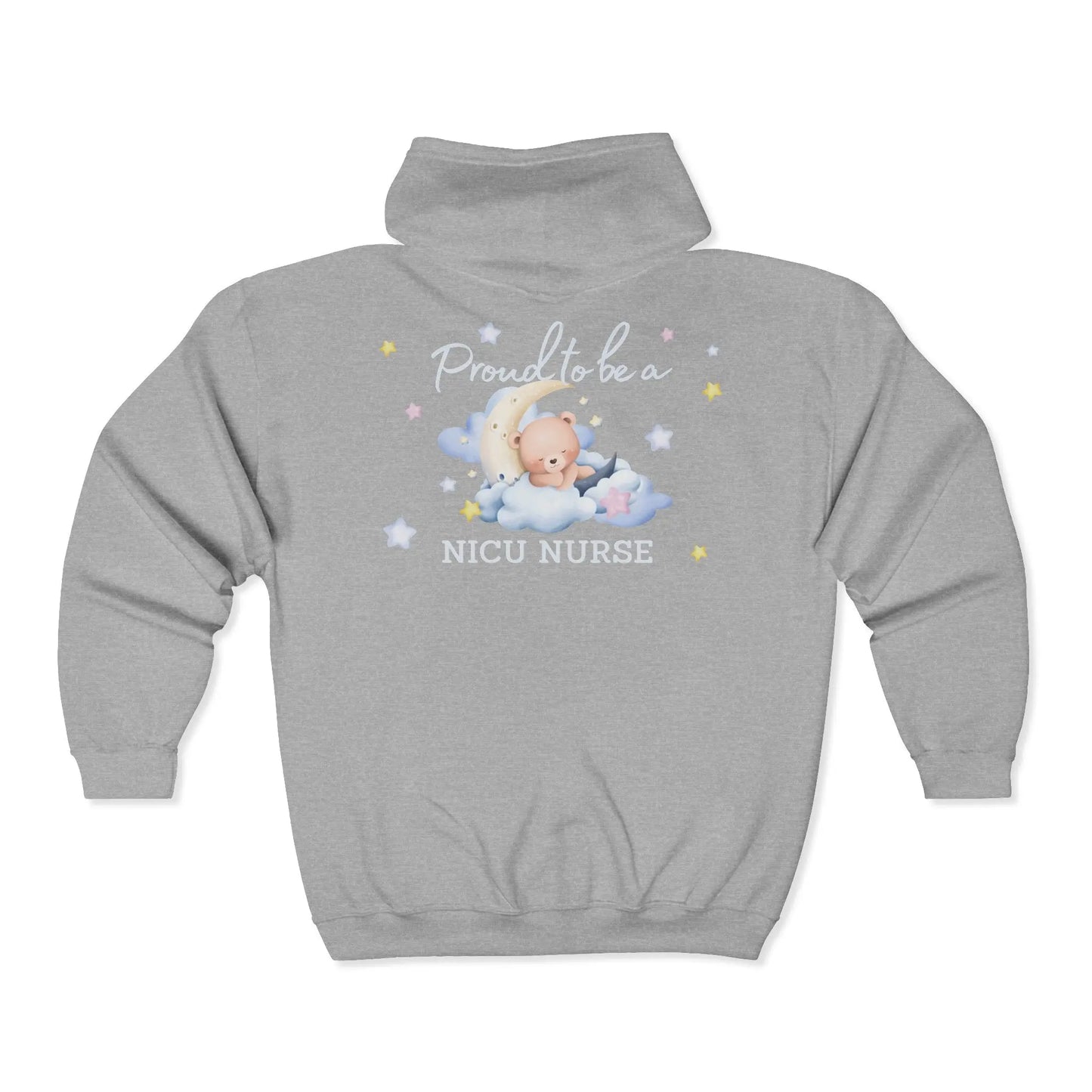 Gray hoodie with teddy bear graphic and text 'Proud to be a NICU Nurse' on a white background