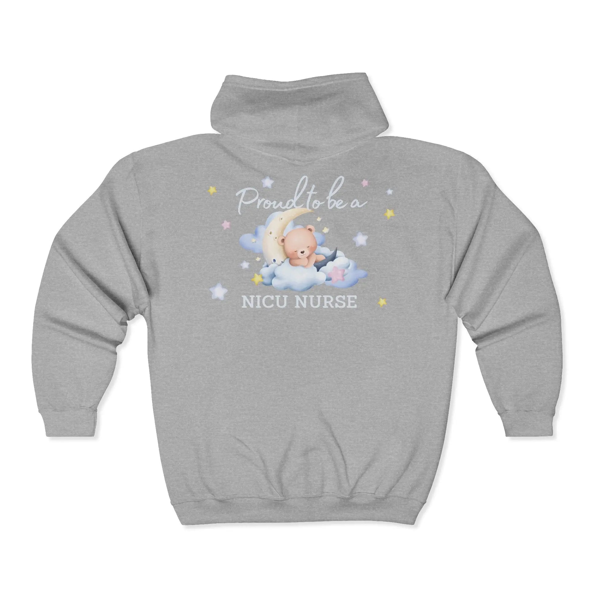 Gray hoodie with teddy bear graphic and text 'Proud to be a NICU Nurse' on a white background