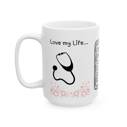 White mug with a design and text 'Love my Life...' on a white background