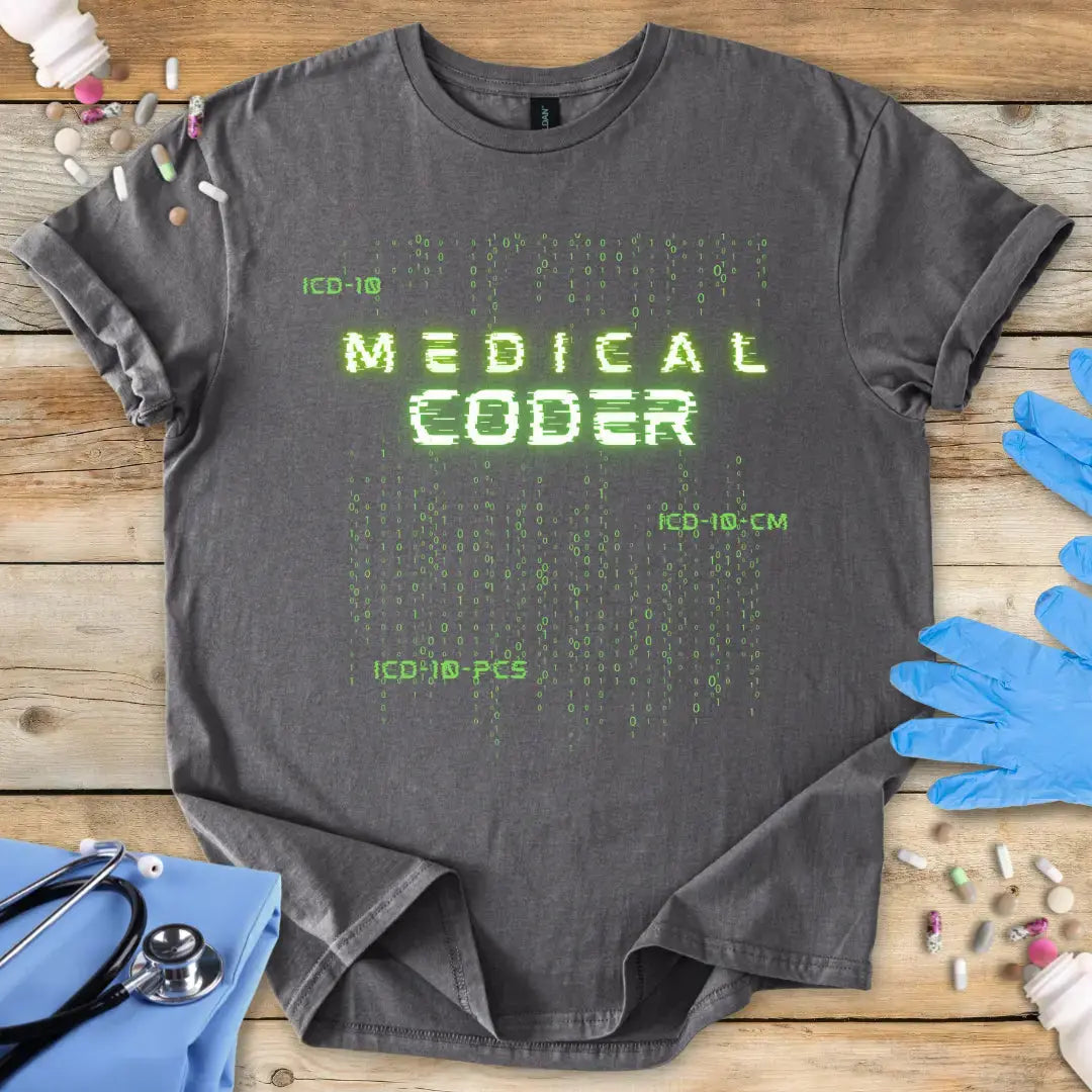 Charcoal t-shirt with 'Medical Coder' text on a wooden surface with medical accessories.
