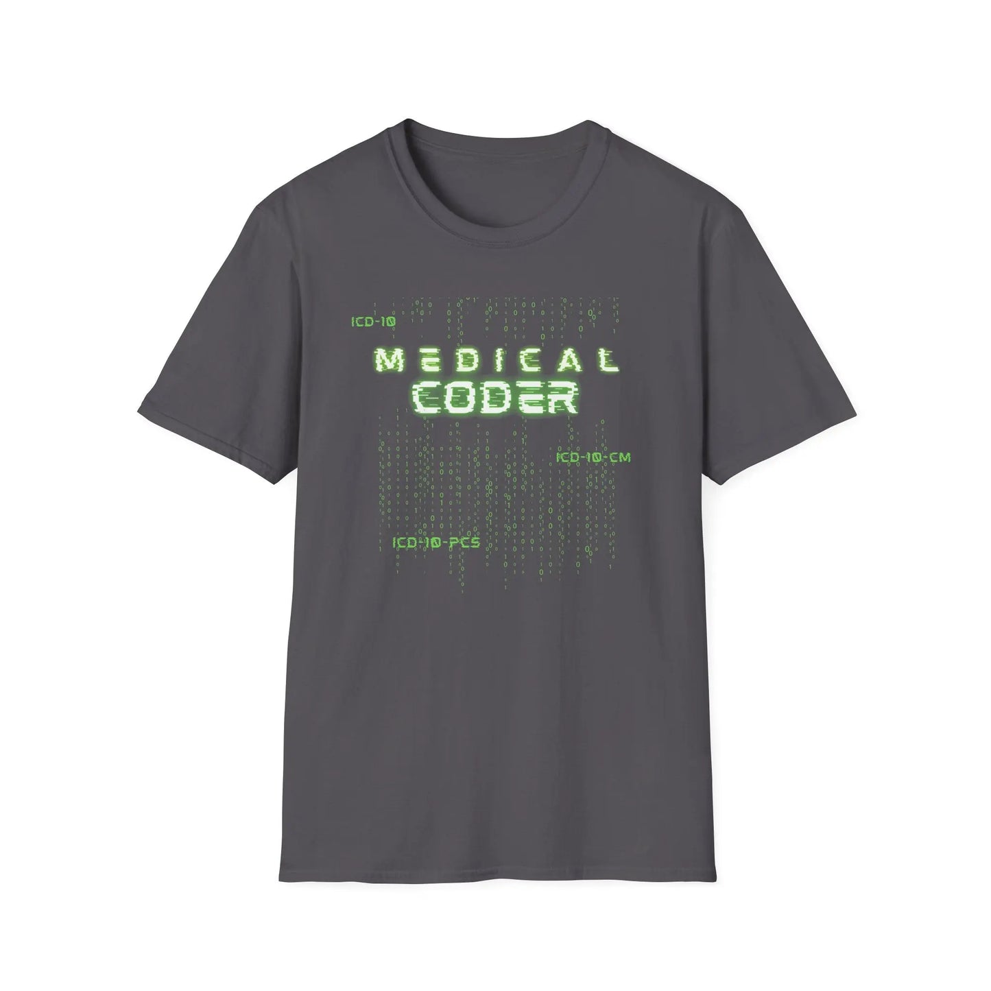 Charcoal Medical Coder T-Shirt with green matrix coding design on white background