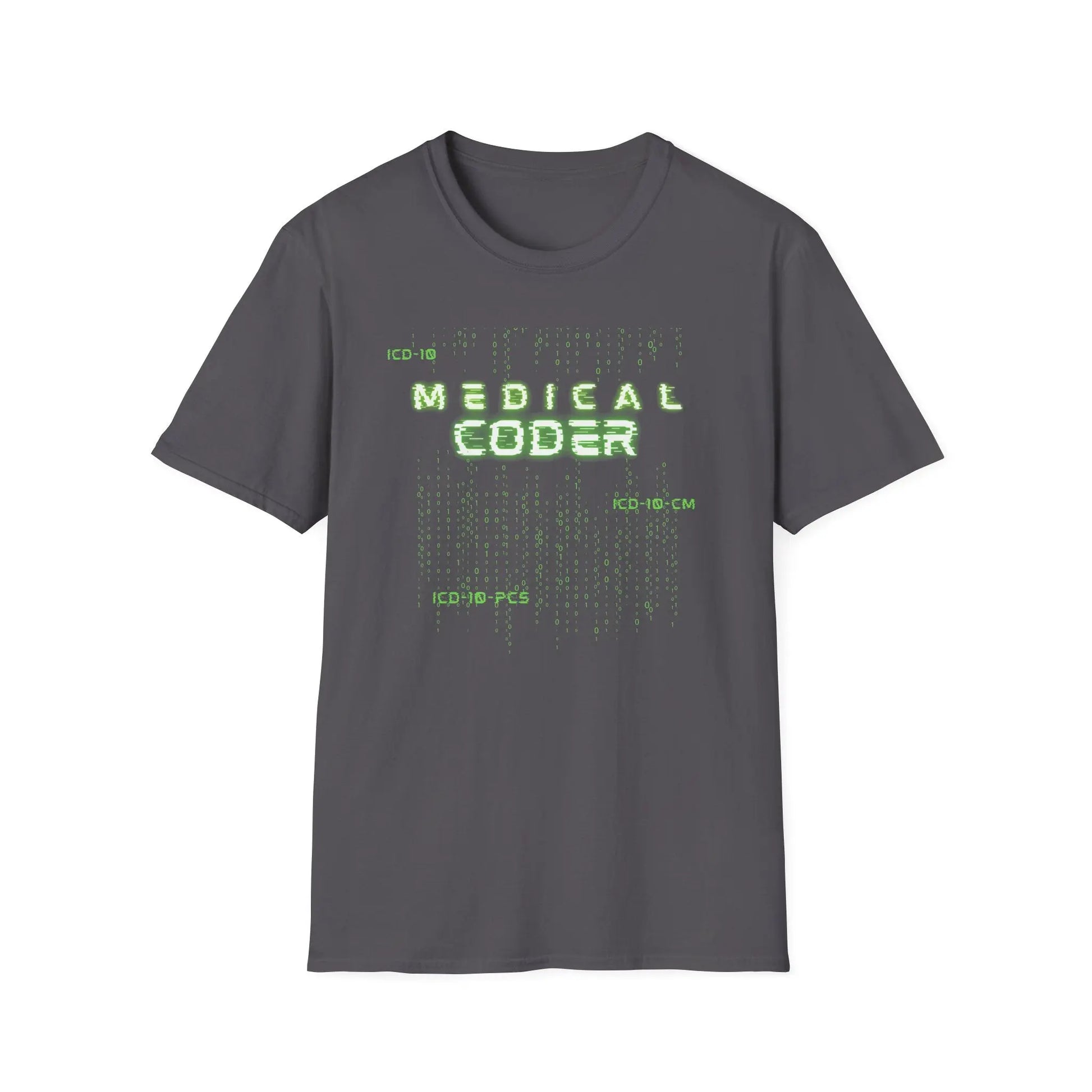 Charcoal Medical Coder T-Shirt with green matrix coding design on white background