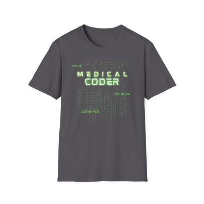 Charcoal Medical Coder T-Shirt with green matrix coding design on white background