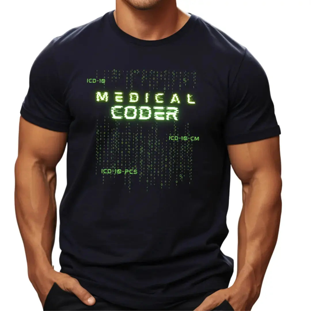 Funny Medical Coder T-Shirt Navy Blue Matrix coding design