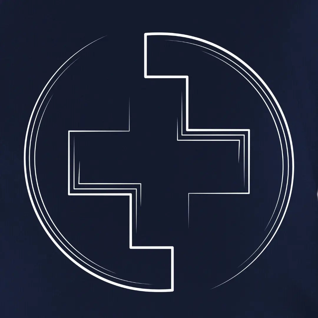 White medical cross in a circle shape with a dark blue background