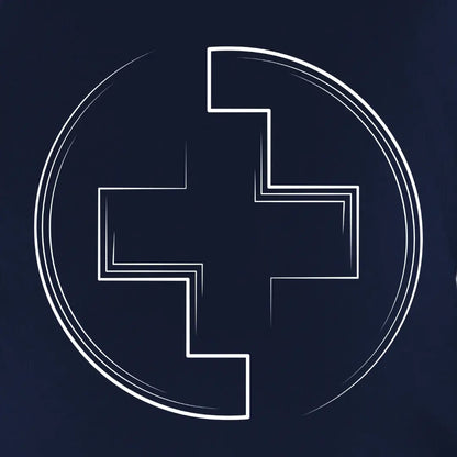 White medical cross in a circle shape with a dark blue background