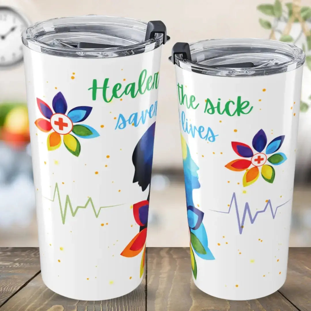 Two medical themed tumblers on an angle with colorful designs and text on a wooden surface.