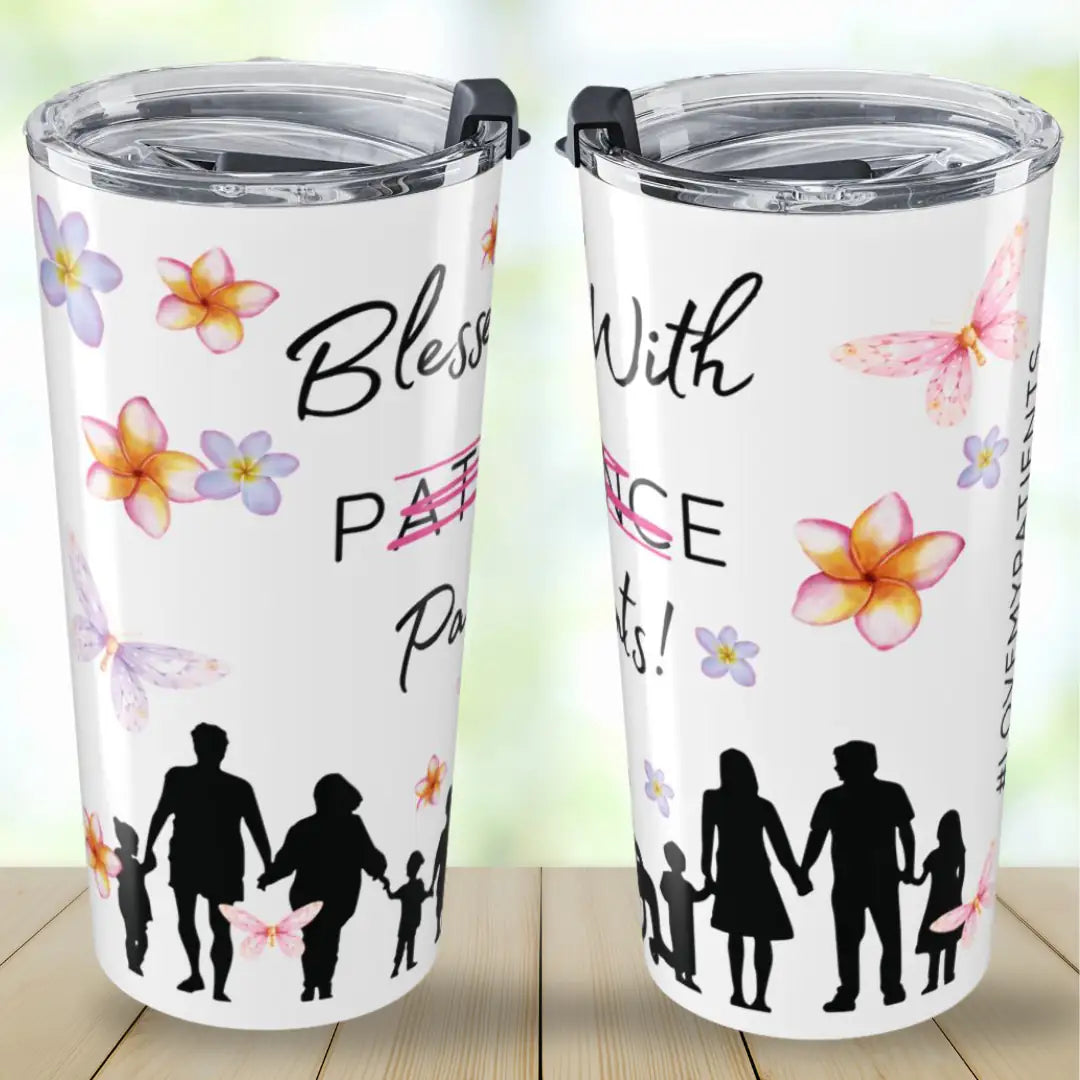 Two tumblers with floral designs and 'love my patients' text on a light background