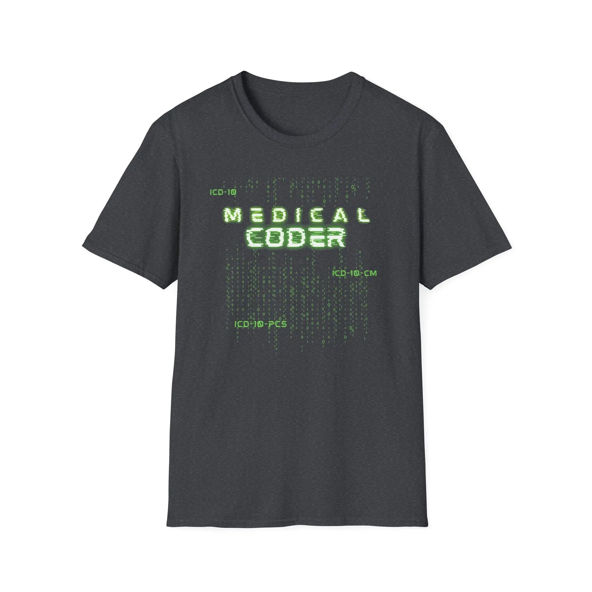 Medical Coder T-Shirt Dark Heather Grey with a matrix pattern design on white background.