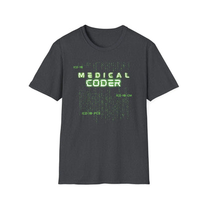 Medical Coder T-Shirt Dark Heather Grey with a matrix pattern design on white background.