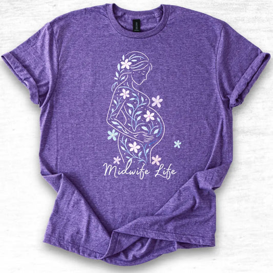 Purple t-shirt with a white silhouette of a pregnant woman and 'Midwife Life' text on a white background