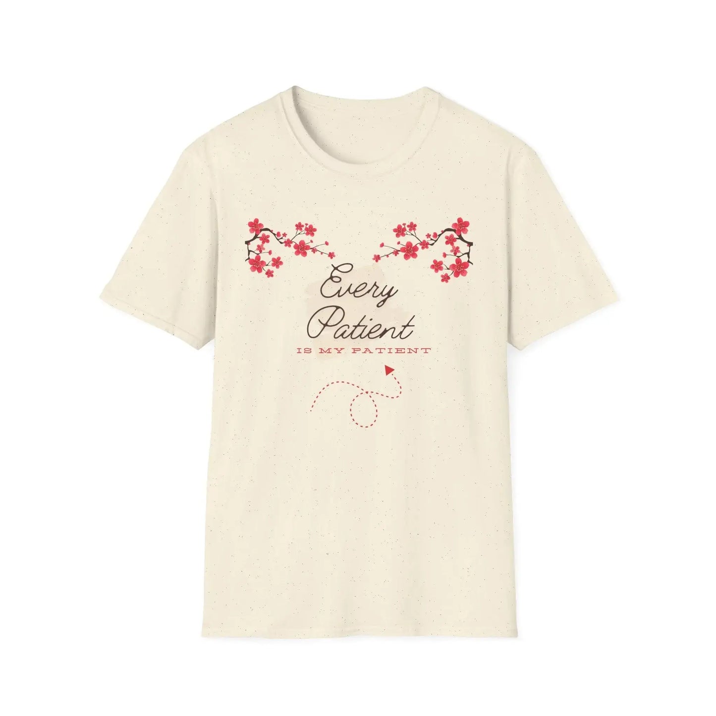 Beige t-shirt with Sakura flower design and 'Every Patient Is My Patient' text on a white background