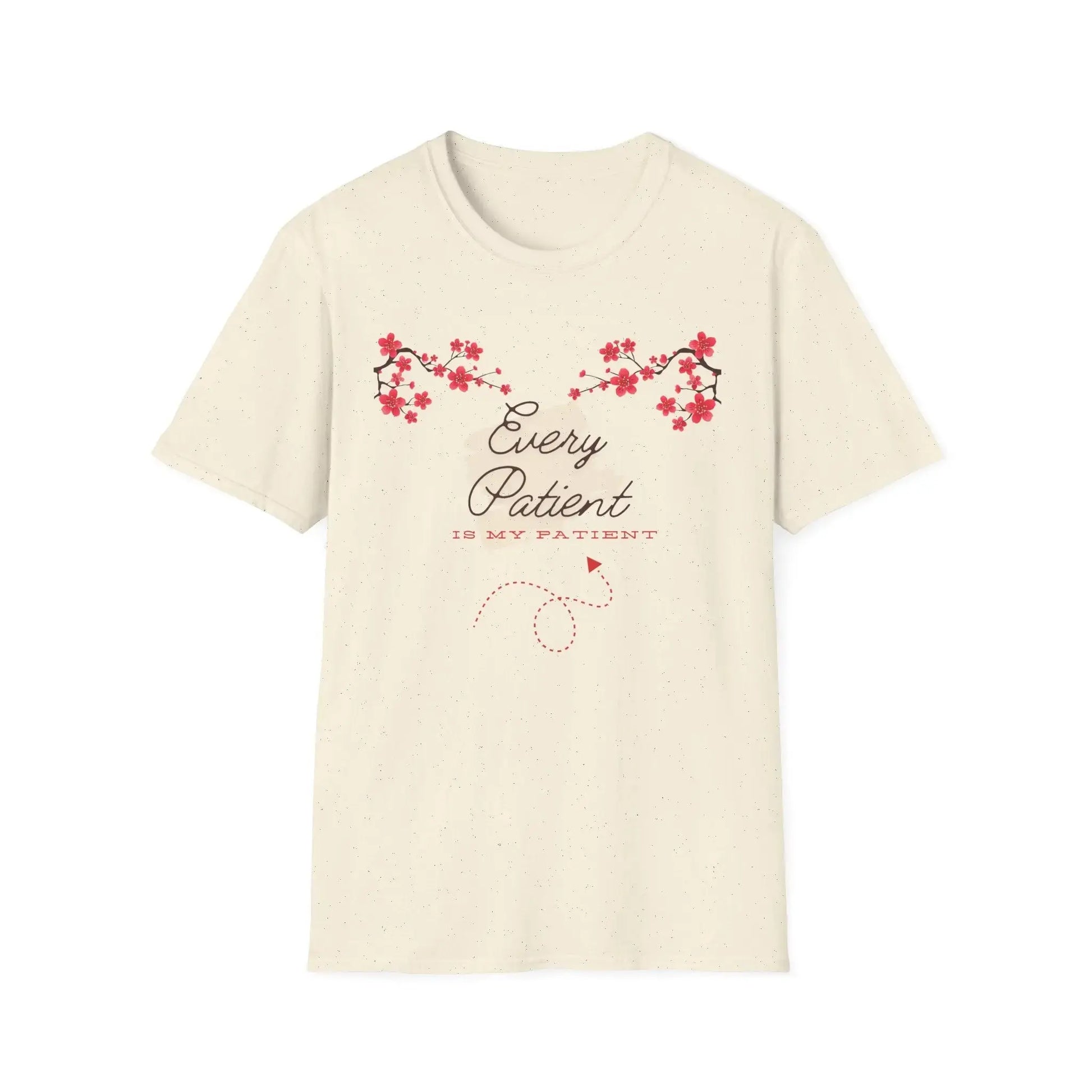 Beige t-shirt with Sakura flower design and 'Every Patient Is My Patient' text on a white background