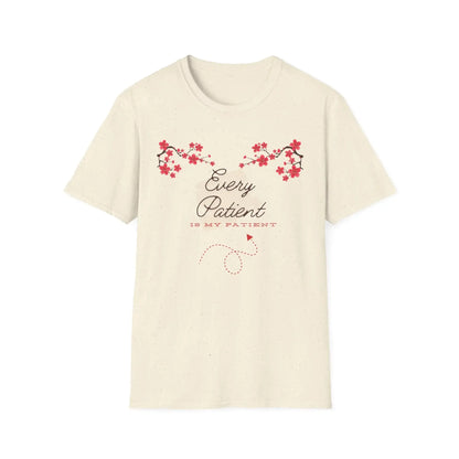 Beige t-shirt with Sakura flower design and 'Every Patient Is My Patient' text on a white background
