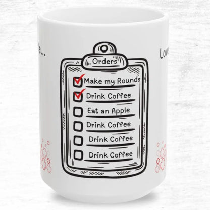 White mug with a black and red design of a medical checklist on a white background