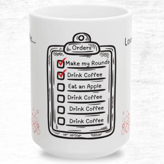 White mug with a black and red design of a medical checklist on a white background