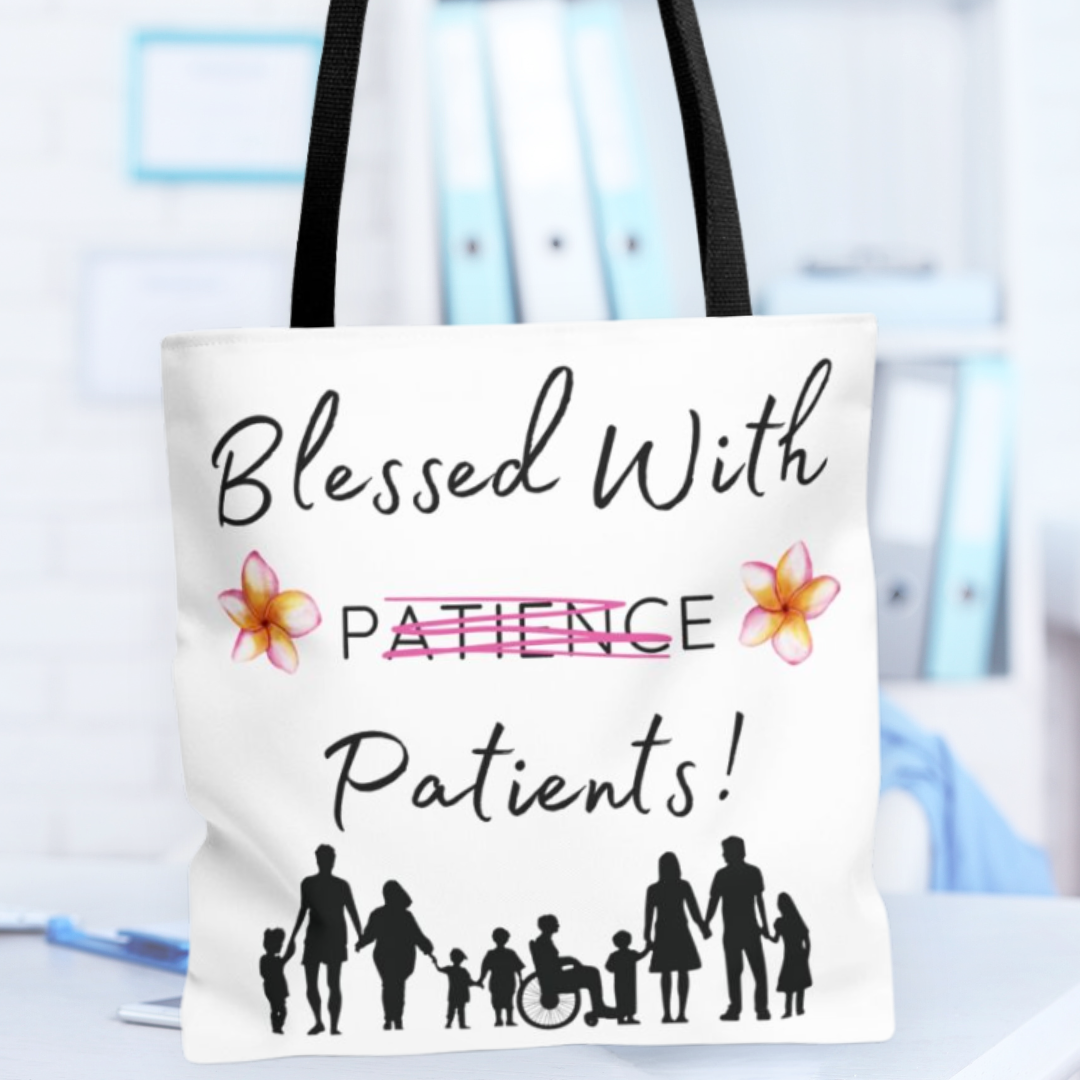 Tote bag with 'Blessed With Patience Patients' text and family figures on a blurred background