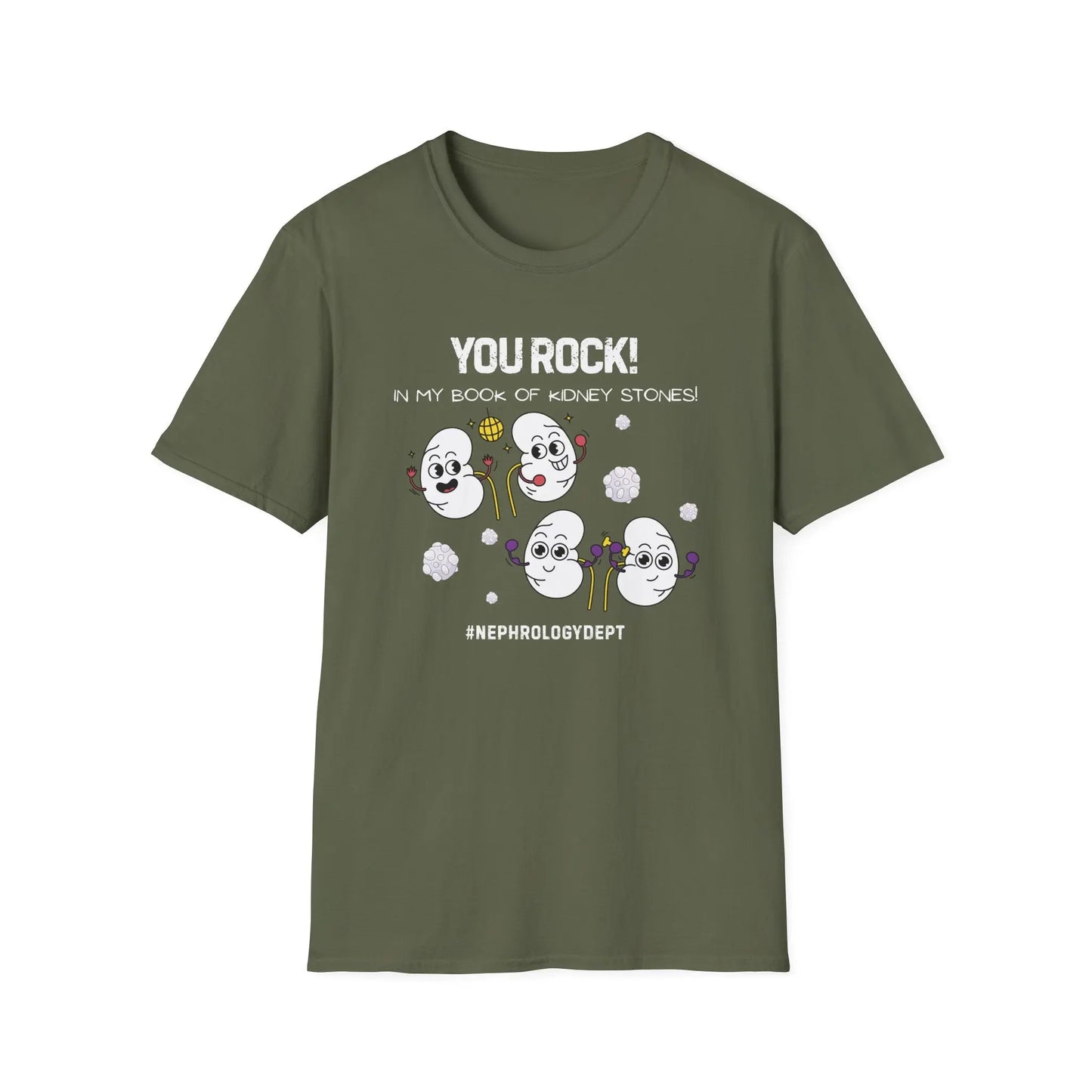 Green t-shirt with cartoon kidneys design and 'You Rock In My Book Of Kidney Stones' text on a white background