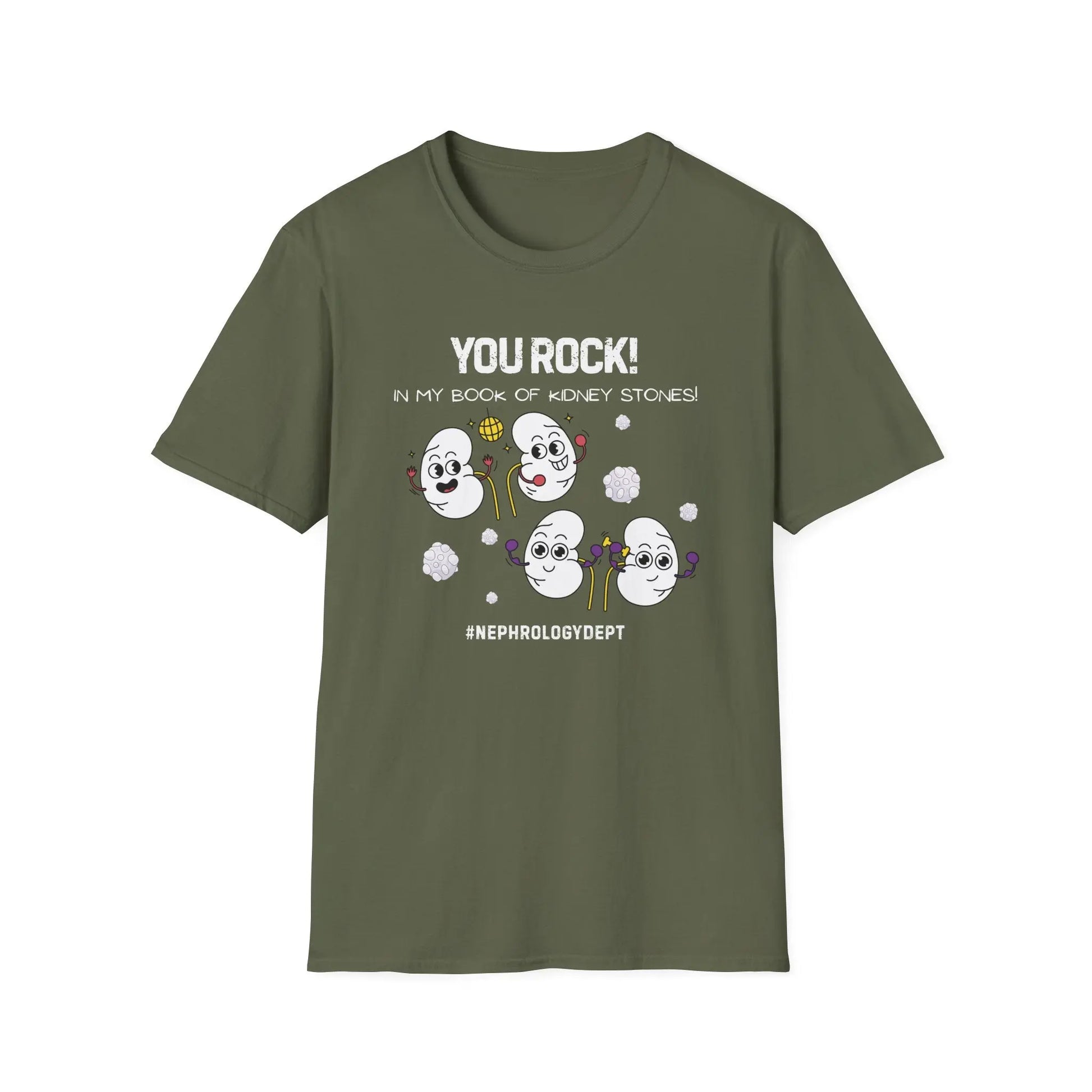 Green t-shirt with cartoon kidneys design and 'You Rock In My Book Of Kidney Stones' text on a white background