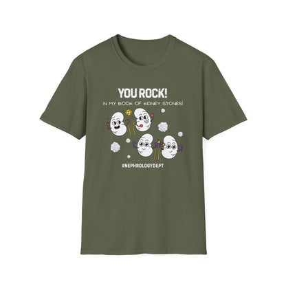 Green t-shirt with cartoon kidneys design and 'You Rock In My Book Of Kidney Stones' text on a white background
