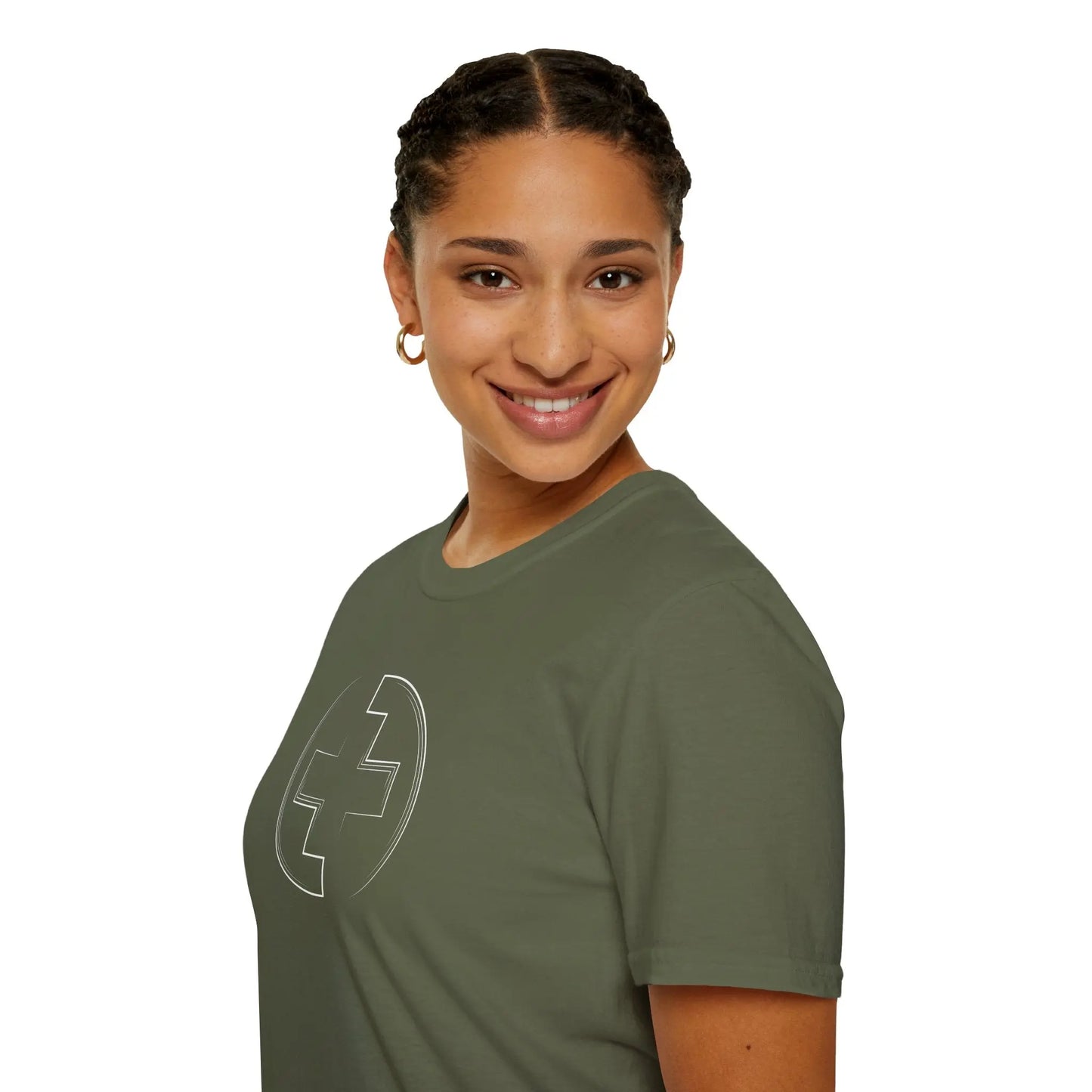 Woman wearing a green t-shirt with a medical cross logo on a white background