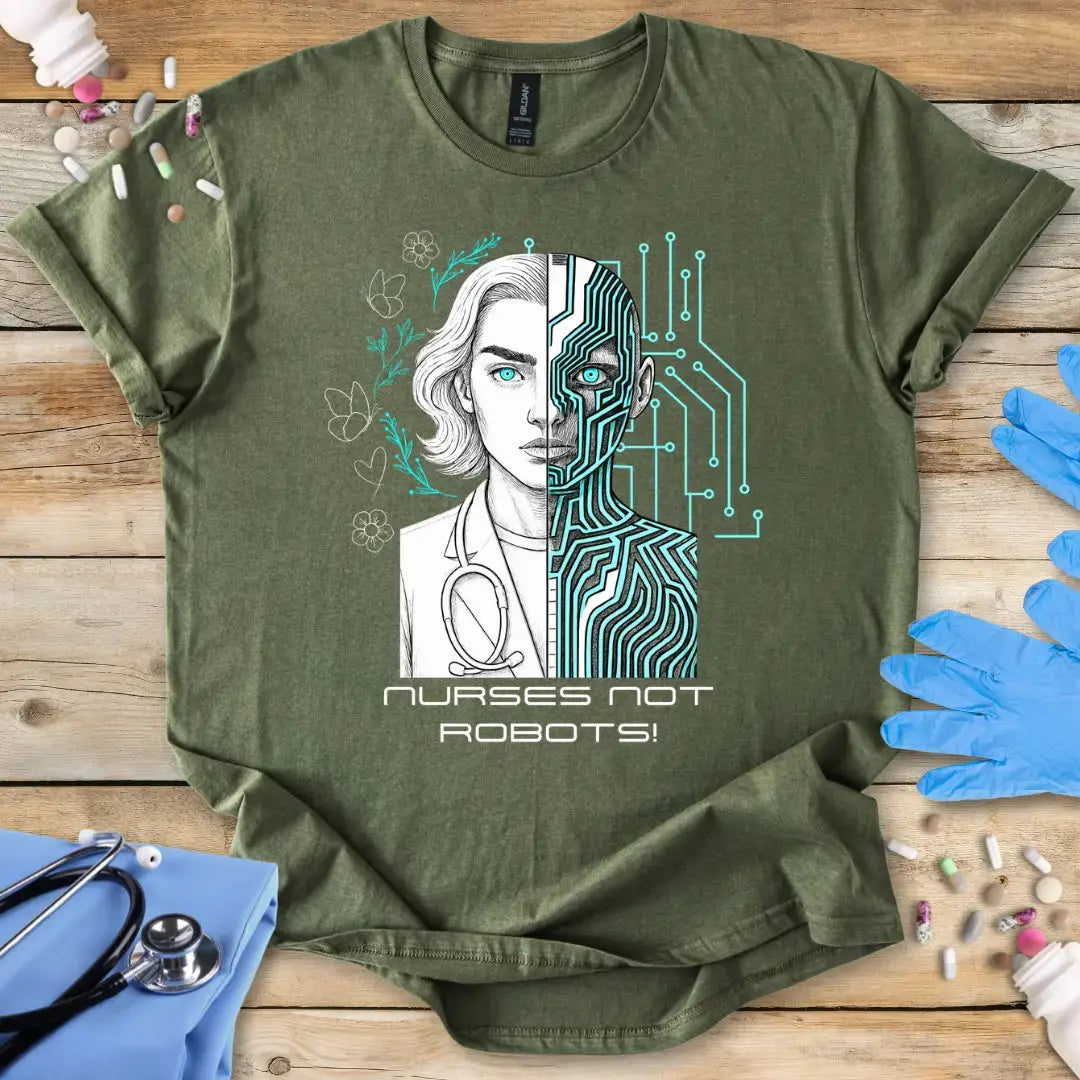 Green t-shirt with a graphic design and text 'Nurses Not Robots' on a wooden surface with medical-themed items.