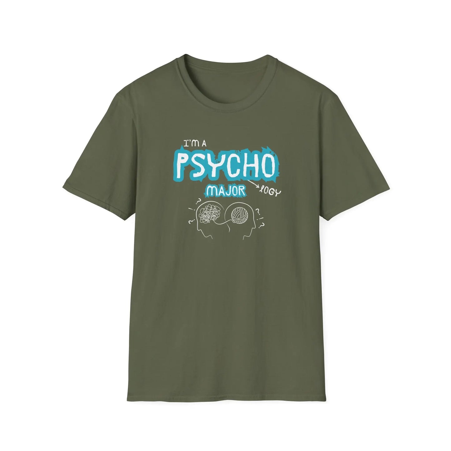 Green t-shirt with 'I'm a Psychology Major' text design on a white background