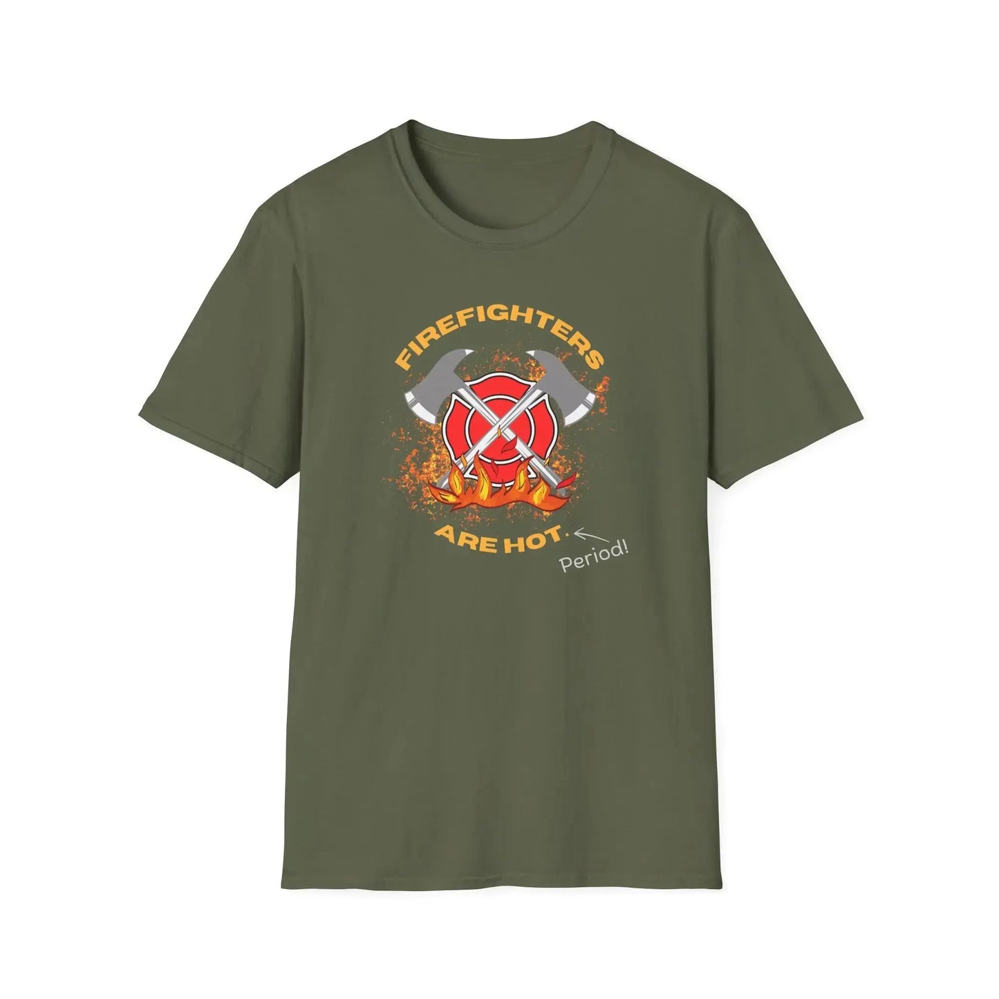 T-Shirt with a text FIrefighters are hot period with flame and double axe cross