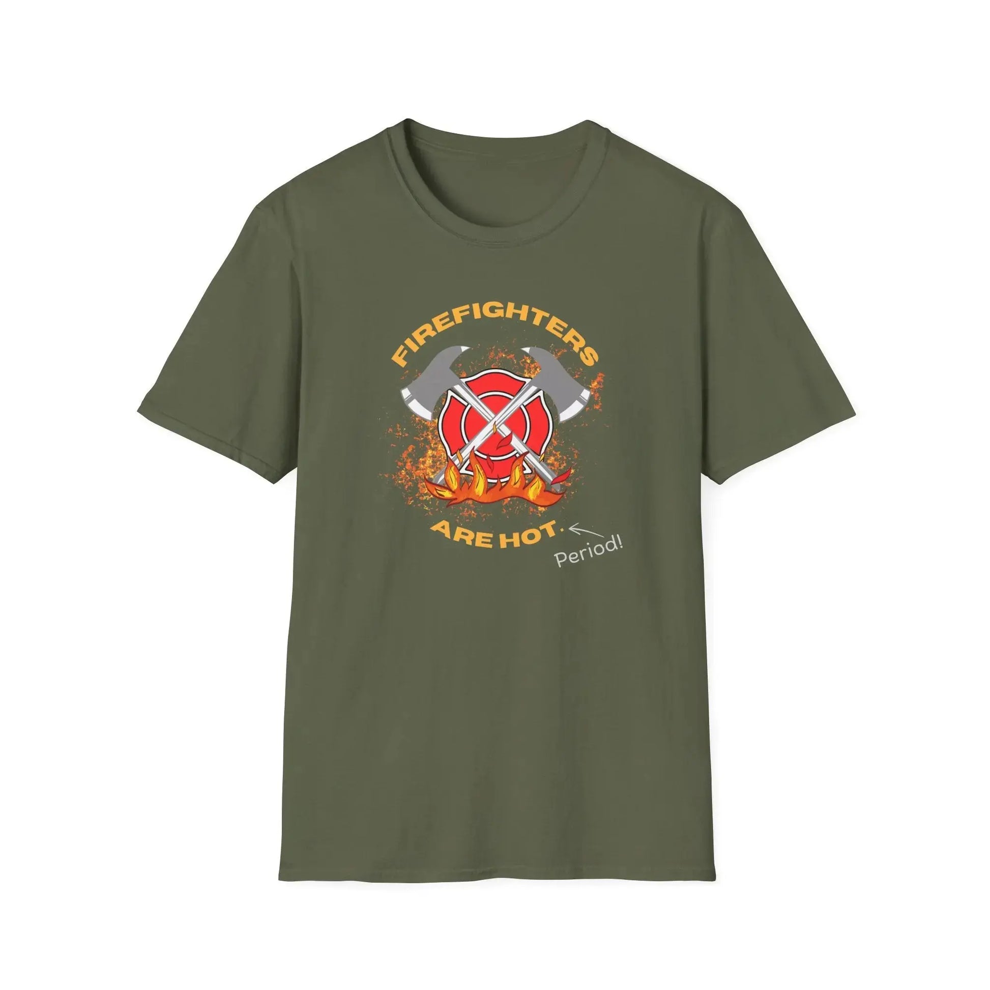 T-Shirt with a text FIrefighters are hot period with flame and double axe cross