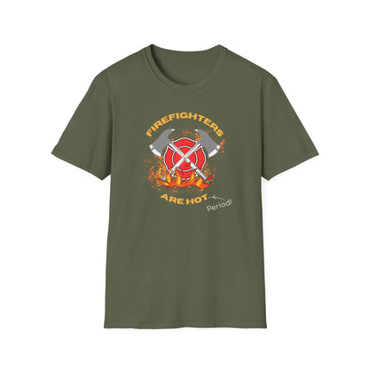 T-Shirt with a text FIrefighters are hot period with flame and double axe cross