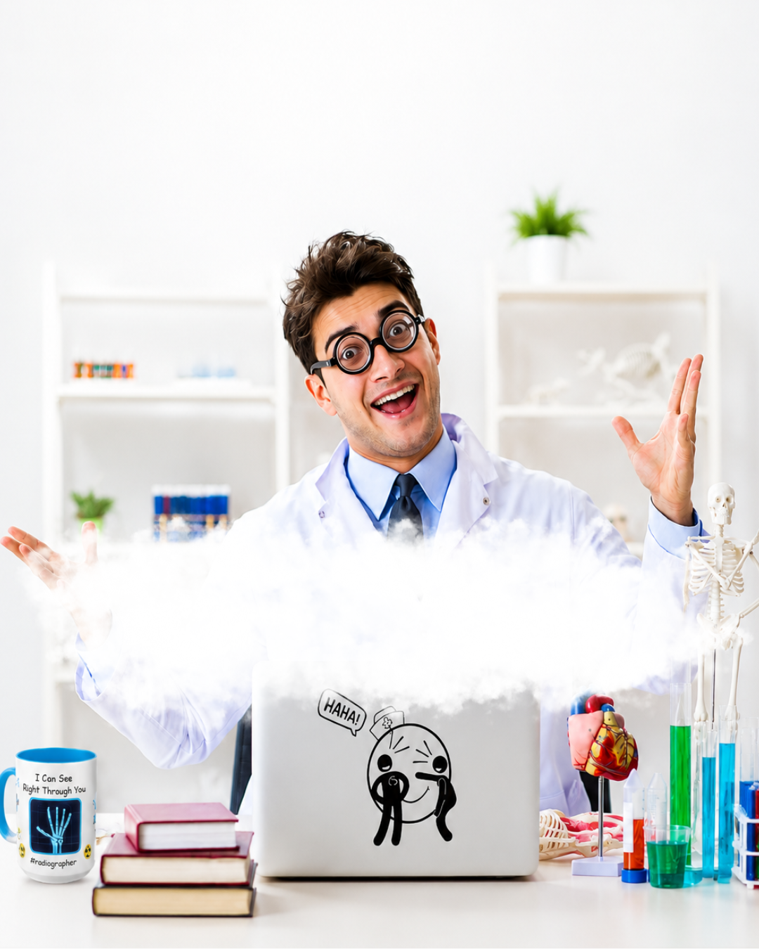 Doctor laughing at his desk with medical items on the desk.