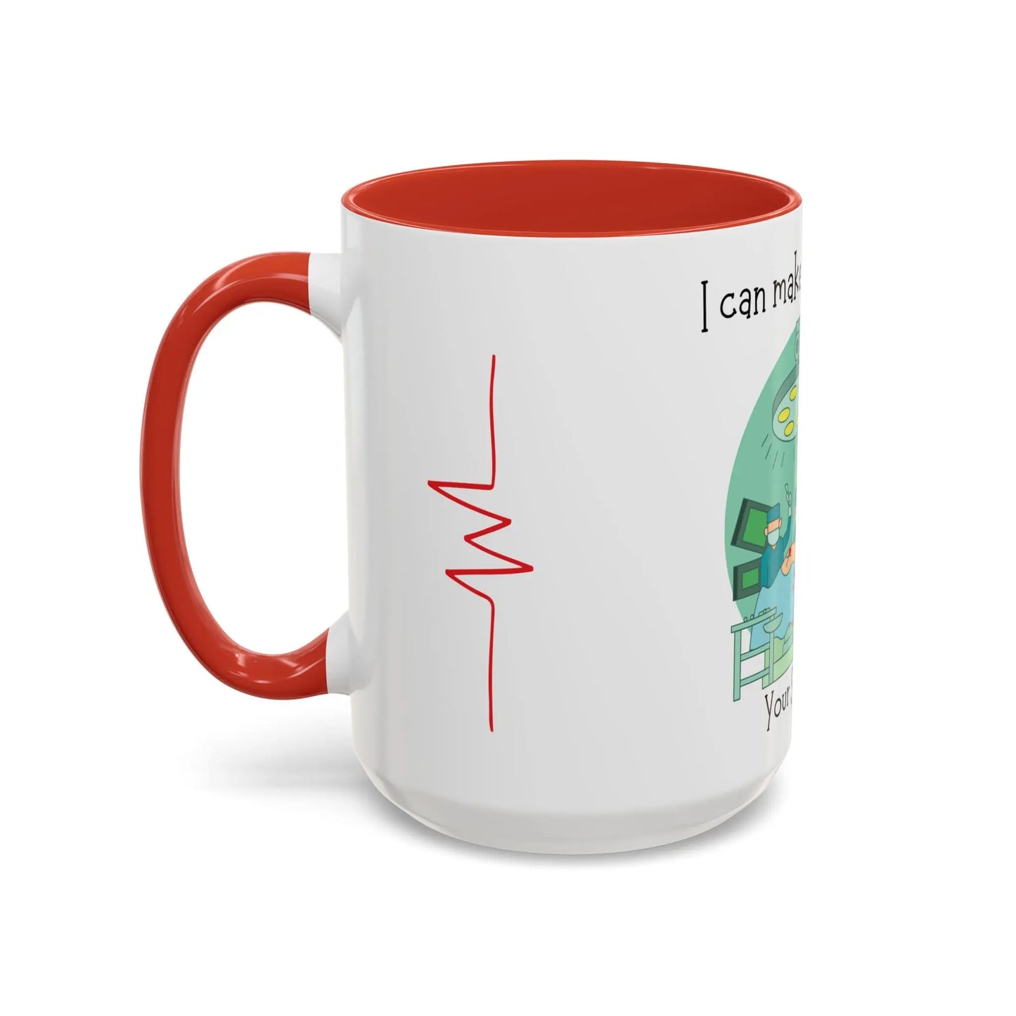 White mug with red interior and handle, featuring a cartoon character and text on a white background