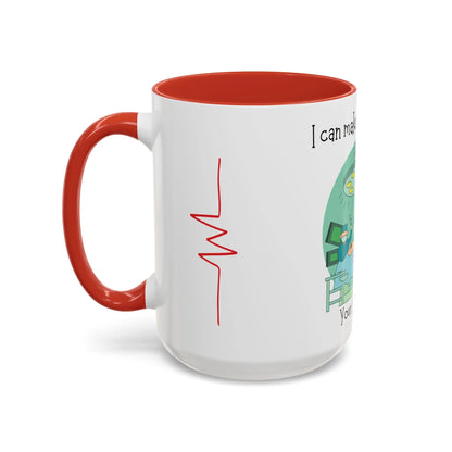 White mug with red interior and handle, featuring a cartoon character and text on a white background