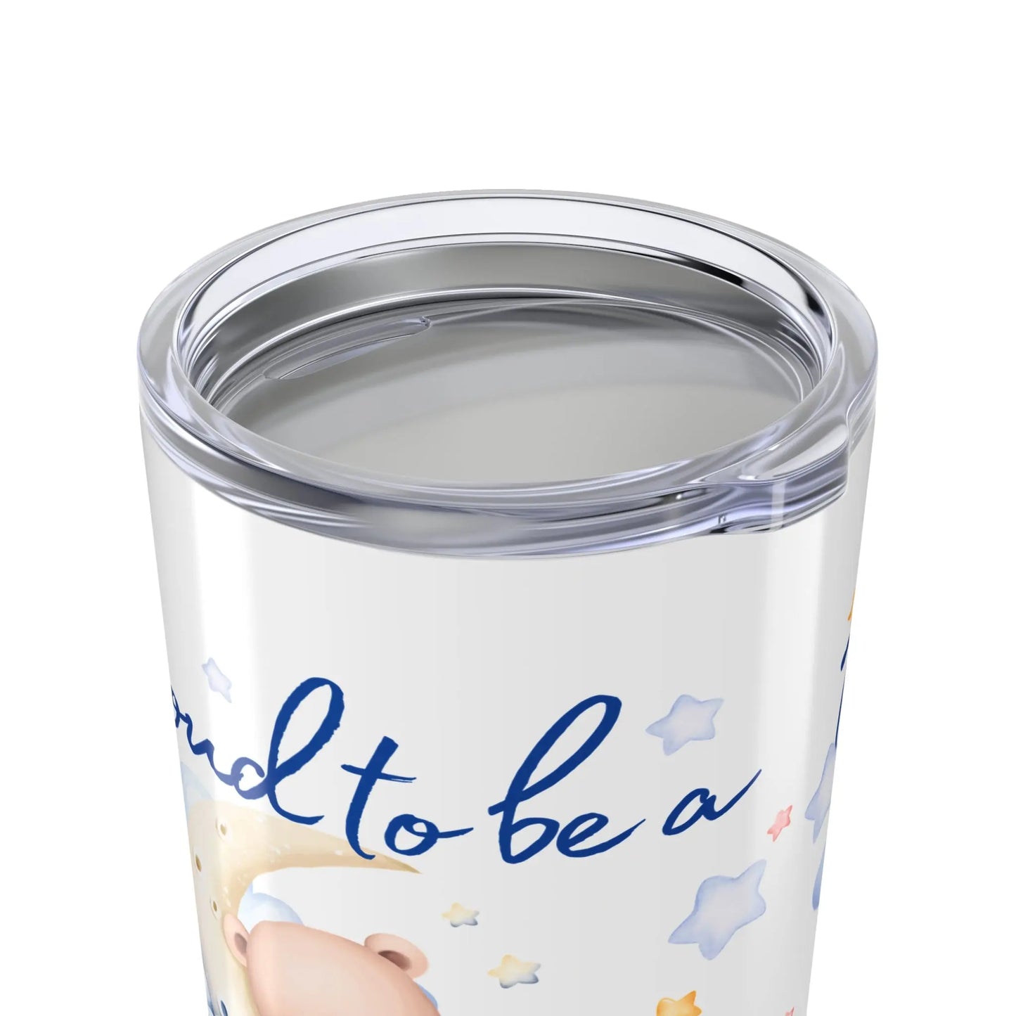 Clear lid on stainless steel tumbler with a baby illustration and text on a white background